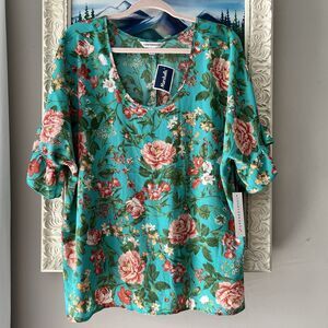 NWT‎ Counterparts Women’s Top Chiffon Ruffle Floral Green Pink Sz X-Large
